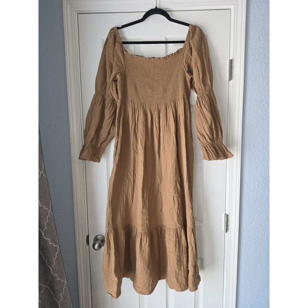 Quince 100% Organic Cotton Gauze Maternity Smock Midi Dress XL Poplin Sleeve Tan
